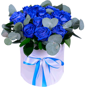 Rose blue - 29, Round flower box small , Oasis, Film, Ruscus, Eucalyptus, Ribbon