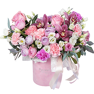 Pink rose 50 cm - 13, Spray peony rose Lavander, 50 cm - 4, lisianthus - 4, Pink carnation - 8, Lilac carnation - 7, Pink Cymbidium Orchid Bud - 3, Round flower box small , Oasis, Wrapping Paper, Eucalyptus Cinerea, Flask for orchids