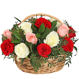 Red rose 50 cm - 10, White rose 50 cm - 8, Pink rose 50 cm - 9, Ruscus, Pistachio, Oasis, Medium Basket
