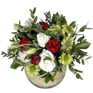 lisianthus - 3, Athos poms Green Lizard - 3, Spray peony rose  - 3, Eucalyptus parvifolia (1 pc.), Ruscus, Oasis, Sisal, Asparagus setaceus (1 pc.), Transparent vase