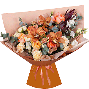 Orchid bud yellow/brown Cymbidium - 3, Athos poms Stallion - 3, Spray rose: white, cream, light pink 50 cm - 3, lisianthus - 2, Carnation white, cream - 5, Pink-orange rose Phoenix 50 cm - 7, Flask for orchids, Leukodendron, Eucalyptus Cinerea, Pistachio, Wrapping Paper