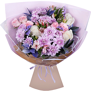 Baltica Pink Spray Chrysanthemum - 3, White rose 50 cm - 5, Peony sprayrose - 2, Alstromeria white, soft pink - 4, Blue Statice, Ruscus, Wrapping Paper, Ribbon