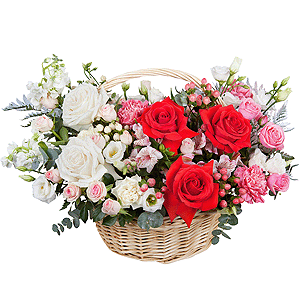 Red rose Nina 50 cm - 3, White rose 50 cm Ecuador - 4, White Matthiola - 2, Pink carnation - 3, Spray rose: white, cream, light pink 50 cm - 4, Alstromeria white, soft pink - 3, lisianthus - 4, Carnation white, cream - 3, Medium Basket, Oasis, Fern (1 pc.), Eucalyptus Cinerea, Hypericum