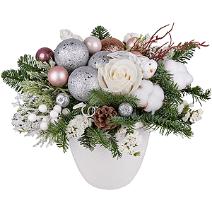 White rose 50 cm - 2, Ceramic pot, Oasis, Spruce branches (1pc.), White statice, Cotton bud, Christmas decor (set)