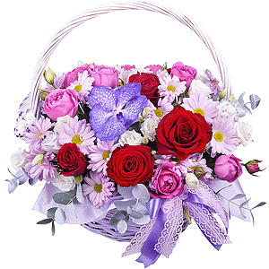 Vanda Orchid bud - 2, Bacardi Pink Spray Chrysanthemum - 3, Spray peony rose Misty Bubbles, 50 cm - 2, Purple Lisianthus (Eustoma) - 3, Red rose 50 cm - 6, Medium Basket, Oasis, Eucalyptus Cinerea, Flask for orchids, Aspidistra (1 pc.), Pistachio, Ribbon