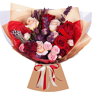 Red rose 50 cm - 4, Rose Cream 50 cm - 4, Peony sprayrose - 4, Carnation red - 3, Leukodendron, Brunia Green Lanuginosa (1 pc.), Eucalyptus Cinerea, Wrapping Paper, Ribbon