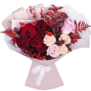 Red rose 50 cm - 2, Pink rose 50 cm - 3, Carnation red - 7, Carnation white, cream - 5, Fern (1 pc.), Ilex, Leukodendron, Wrapping Paper, Ribbon