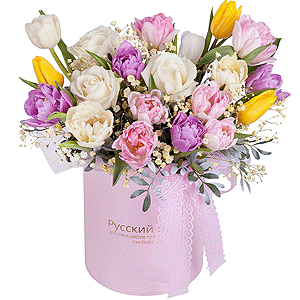 White rose 50 cm - 5, Pink tulip - 5, Gypsophila - 1, Tulip white - 8, Yellow tulip - 3, Lilac tulip - 5, Round flower box small , Oasis, Pistachio, Ribbon
