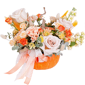 Rose Powder 50 cm Ecuador (Quicksand, Menta) - 3, White Matthiola - 2, Carnation white, cream - 4, Spray rose: white, cream, light pink 50 cm - 2, Baltica Yellow Spray Chrysanthemum - 2, Pumpkin medium (d 20-25 cm), Oasis, Eucalyptus Cinerea, Ribbon