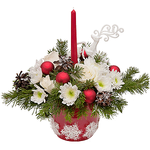White rose 50 cm - 5, Baltica White Spray Chrysanthemum - 4, Spruce branches (1pc.), Oasis, Ceramic pot, Christmas decor (set), Candle