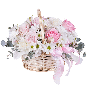 Pink rose 50 cm - 8, Carnation white, cream - 5, Alstromeria white, soft pink - 4, Bacardi White Spray Chrysanthemum - 4, Small Basket, Oasis, Eucalyptus Cinerea, Wrapping Paper