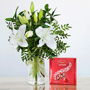 Lilies - 4, Pistachio, Ruscus, Ribbon, Lindt Candy Box