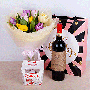 Gift set "Tulips, sweets and non-alcoholic wine" with delivery Astrakhan