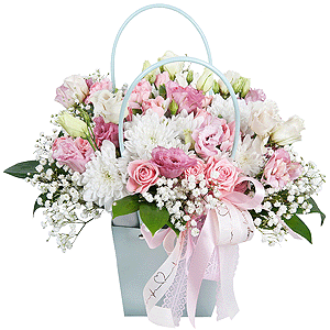 Gypsophila - 1, Baltica White Spray Chrysanthemum - 3, Bright pink spray rose mix, 50 cm - 3, Pink Lisianthus (Eustoma) - 2, Pink spray carnation - 4, Flower bag, Oasis, Ruscus, Ribbon