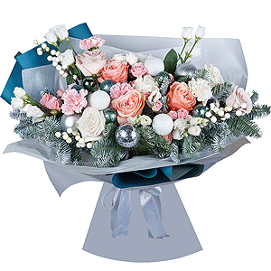 Peony rose Kahala 50 cm - 3, Rose Cream 50 cm - 5, White rose 50 cm - 4, Bright pink spray rose mix, 50 cm - 3, Pink carnation - 5, Baltica White Spray Chrysanthemum - 4, lisianthus - 2, Carnation white, cream - 2, Spruce branches (1pc.), Decorative element small, Christmas decor (set), Wrapping Paper