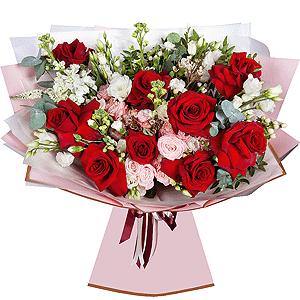 Rose Red 50 cm Ecuador - 11, Peony sprayrose - 4, White spray carnation - 6, White Matthiola - 7, lisianthus - 6, Hypericum, Waxflower (1 pc.), Veronica spray, Pistachio, Eucalyptus Cinerea, Wrapping Paper