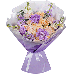 Spray rose: white, cream, light pink 50 cm - 5, Carnation white, cream - 7, Matthiola Lilac - 9, Lilac carnation - 6, Pistachio, Wrapping Paper