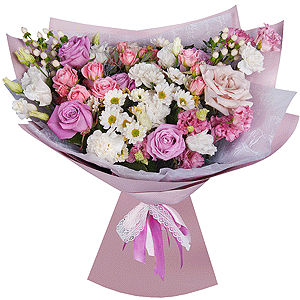 lisianthus - 2, Santini White Spray Chrysanthemum - 4, Pink rose 50 cm - 7, Rose Powder 50 cm Ecuador (Quicksand, Menta) - 2, Carnation white, cream - 6, Bright pink spray rose mix, 50 cm - 3, Pink Lisianthus (Eustoma) - 2, Hypericum, Pistachio, Wrapping Paper