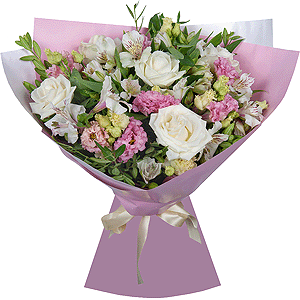 White rose 50 cm - 7, Alstromeria white, soft pink - 8, Pink Lisianthus (Eustoma) - 4, Pistachio, Wrapping Paper