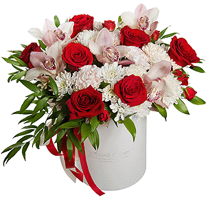 Red rose 50 cm - 11, Pink Cymbidium Orchid Bud - 7, Baltica White Spray Chrysanthemum - 4, Spray rose: red 50 cm - 3, Carnation white, cream - 7, Round flower box medium, Flask for orchids, Oasis, Ruscus italian, Ribbon
