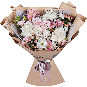 White rose 50 cm Ecuador - 3, Baltica White Spray Chrysanthemum - 3, Pink Lisianthus (Eustoma) - 1, Bright pink spray rose mix, 50 cm - 2, Alstromeria white, soft pink - 3, Carnation white, cream - 3, Ozotamnus, Hypericum, Wrapping Paper
