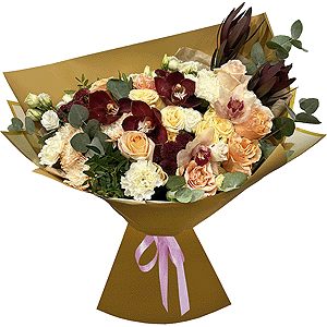 Pink Cymbidium Orchid Bud - 7, Baltica White Spray Chrysanthemum - 4, lisianthus - 2, Carnation white, cream - 8, Spray rose: white, cream, light pink 50 cm - 6, Rose Cream 50 cm - 4, Cream Rose 50 cm Ecuador (Creme Caramel) - 5, Flask for orchids, Leukodendron, Eucalyptus Cinerea, Pistachio, Wrapping Paper
