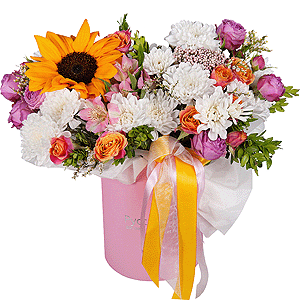 Sunflower - 1, Alstromeria white, soft pink - 4, Bright pink spray rose mix, 50 cm - 2, Baltica White Spray Chrysanthemum - 2, Spray rose: yellow, orange 50 cm - 2, Round flower box small , Oasis, Ozotamnus, Pistachio, Limonium (1 pc.), Wrapping Paper