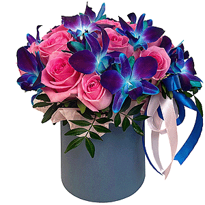 Pink rose 50 cm - 25, Orchid Dendrobium - 20, Flask for orchids, Pistachio, Oasis, Round flower box medium, Ribbon