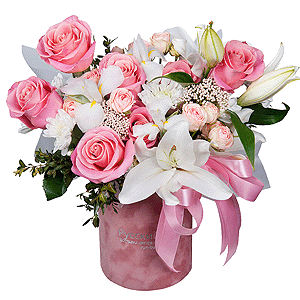 Lilies - 1, White iris - 5, Pink rose 50 cm - 9, Peony sprayrose - 3, Baltica White Spray Chrysanthemum - 1, Round flower box small , Oasis, Ozotamnus, Pistachio, Wrapping Paper