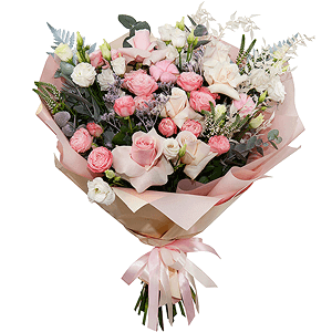 Bright pink spray rose mix, 50 cm - 7, White rose 50 cm - 6, Pink rose 50 cm - 3, lisianthus - 3, Eucalyptus Cinerea, Limonium (1 pc.), Veronica spray, Dried flowers decor, Fern (1 pc.), Cotton bud, Wrapping Paper
