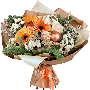 Gerbera daisies - 3, Athos poms Stallion - 5, White rose 50 cm - 5, Aspidistra (1 pc.), Spruce branches (1pc.), Artificial branch, Wrapping Paper, Ribbon, Christmas decor (set)