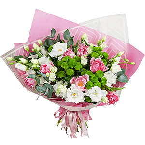 lisianthus - 6, Pink tulip - 12, Athos pom Feeling Green - 6, Eucalyptus Cinerea, Wrapping Paper, Ribbon