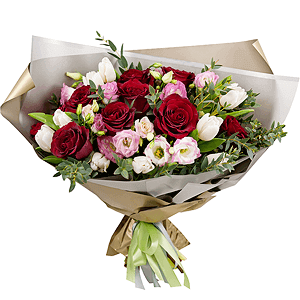 Red rose 50 cm - 15, Pink tulip - 13, Pink Lisianthus (Eustoma) - 5, Eucalyptus parvifolia (1 pc.), Wrapping Paper