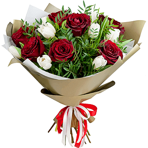 Red rose 50 cm - 10, Tulip white - 13, Pistachio, Wrapping Paper, Ribbon