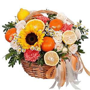 Peony sprayrose - 5, Sunflower - 1, Chamomile - 4, Pink carnation - 7, Small Basket, Oasis, Wrapping Paper, Pistachio, Orange, Tangerine, 1 pc., Lemon, 1 pc., Wooden skewer