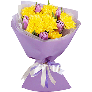 Baltica Yellow Spray Chrysanthemum - 2, Lilac tulip - 7, Wrapping Paper