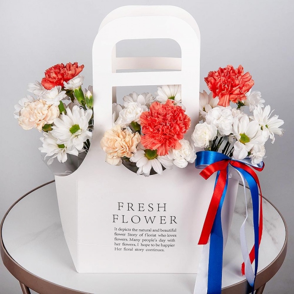 Bacardi White Spray Chrysanthemum - 1, Orange carnation - 4, White spray carnation - 2, Carnation white, cream - 5, Flower bag, Oasis, Ribbon