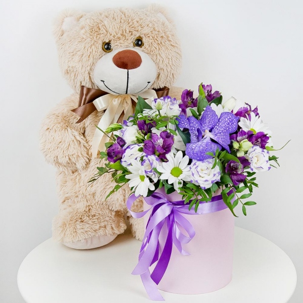 Vanda Orchid bud - 2, Alstromeria lilac, purple - 3, Bacardi White Spray Chrysanthemum - 5, Purple Lisianthus (Eustoma) - 4, Round flower box small , Oasis, Film, Flask for orchids, Aspidistra (1 pc.), Pistachio, Ribbon, Taddy Bear 45 cm