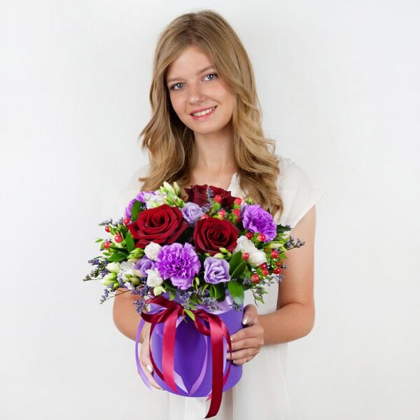 Red rose 50 cm - 5, Lilac carnation - 5, lisianthus - 2, Purple Lisianthus (Eustoma) - 3, Round flower box small , Oasis, Film, Pistachio, Ruscus, Hypericum, Limonium (1 pc.), Ribbon