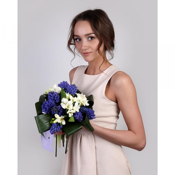 Blue Hyacinth - 11, Freesia - 7, Aspidistra (1 pc.), Ribbon