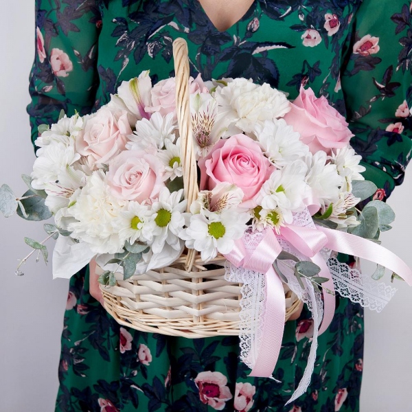 Pink rose 50 cm - 8, Carnation white, cream - 5, Alstromeria white, soft pink - 4, Bacardi White Spray Chrysanthemum - 4, Small Basket, Oasis, Eucalyptus Cinerea, Wrapping Paper