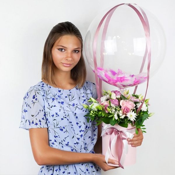 Pink rose 50 cm - 4, Pink Lisianthus (Eustoma) - 4, Bacardi White Spray Chrysanthemum - 2, Round flower box small , Oasis, Film, Pistachio, Ruscus,  Bouvardia, Ribbon, Transparent balloon Bubble with filling