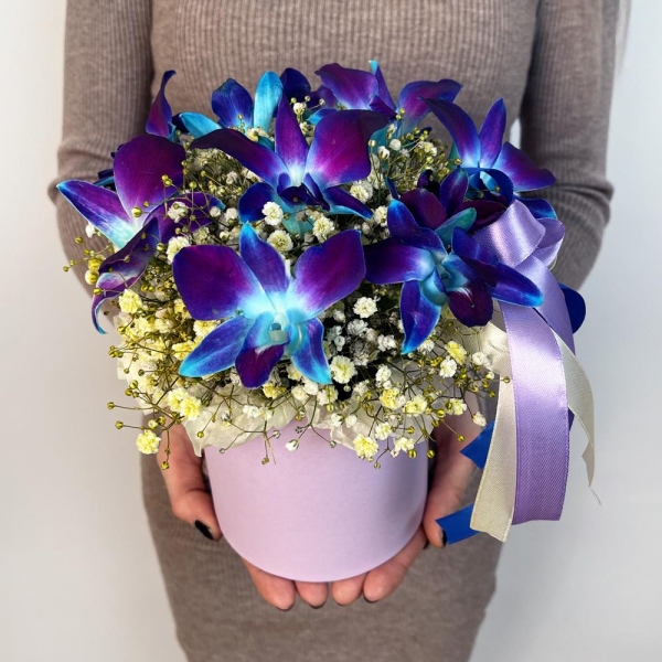 Gypsophila - 6, Orchid Dendrobium - 9, Flask for orchids, Oasis, Round flower box small , Ribbon