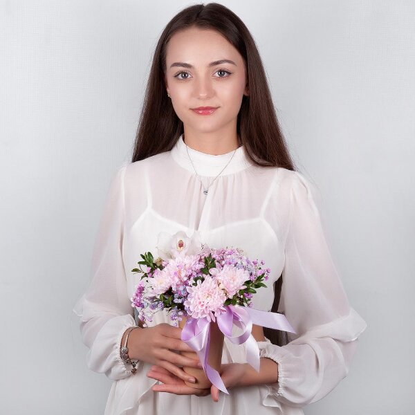 Baltica Pink Spray Chrysanthemum - 1, Colored gypsophila - 2, White Cymbidium Orchid Bud - 1, Cardboard pot (cup), Oasis, Pistachio, Flask for orchids, Ribbon