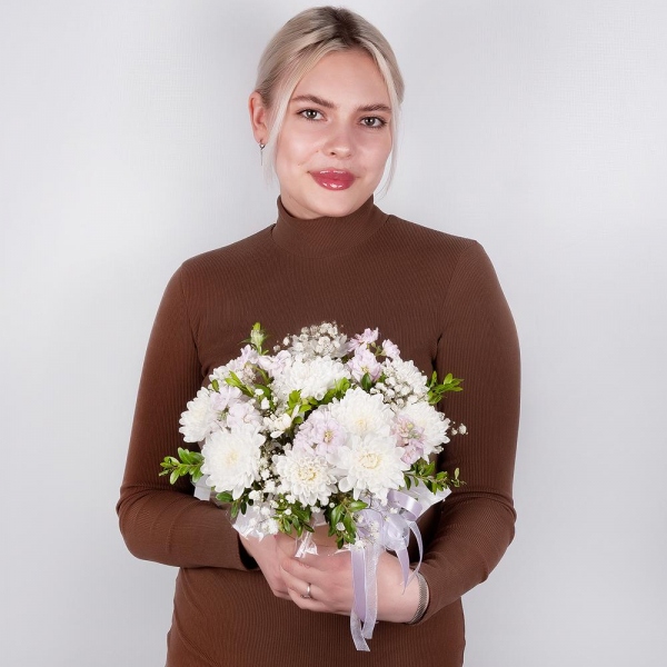 Baltica White Spray Chrysanthemum - 1, Gypsophila - 4, Matthiola Lilac - 2, Cardboard pot (cup), Oasis, Pistachio, Wrapping Paper