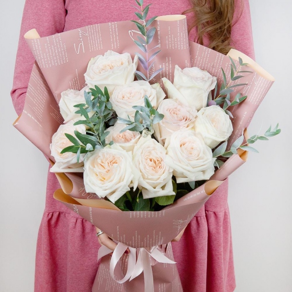 Peony style roses - 15, Eucalyptus populus (1 pc.), Wrapping Paper, Ribbon