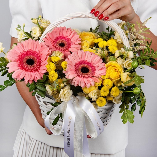 Gerbera pink - 5, Spray rose: yellow, orange 50 cm - 1, White Matthiola - 3, Santini Yellow Spray Chrysanthemum - 5, Small Basket, Oasis, Small Basket, Pistachio, Ribbon, Astilbe