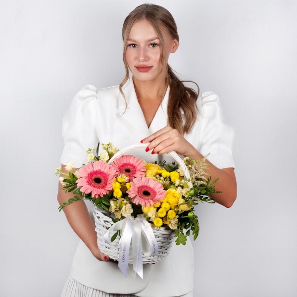 Gerbera pink - 5, Spray rose: yellow, orange 50 cm - 1, White Matthiola - 3, Santini Yellow Spray Chrysanthemum - 5, Small Basket, Oasis, Small Basket, Pistachio, Ribbon, Astilbe