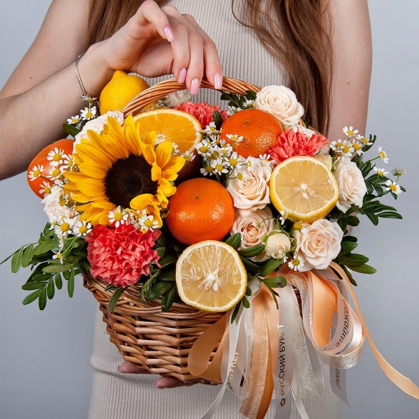 Peony sprayrose - 5, Sunflower - 1, Chamomile - 4, Pink carnation - 7, Small Basket, Oasis, Wrapping Paper, Pistachio, Orange, Tangerine, 1 pc., Lemon, 1 pc., Wooden skewer