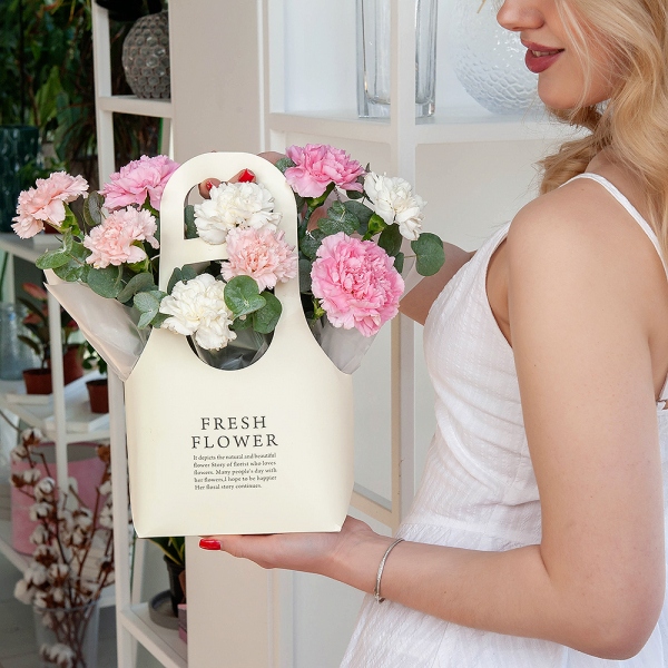 Pink carnation - 4, Carnation white, cream - 7, Flower bag, Oasis, Eucalyptus